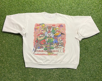 Ugly Christmas Sweater Sweatshirt Looney Tunes Vintage Tacky Holiday Party Merry Santa Bugs Bunny Classic 80s 90s Xmas Size XL Pull Over