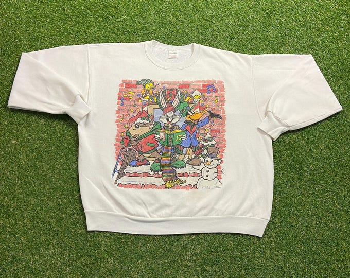 Ugly Christmas Sweater Sweatshirt Looney Tunes Vintage Tacky Holiday Party Merry Santa Bugs Bunny Classic 80s 90s Xmas Size XL Pull Over