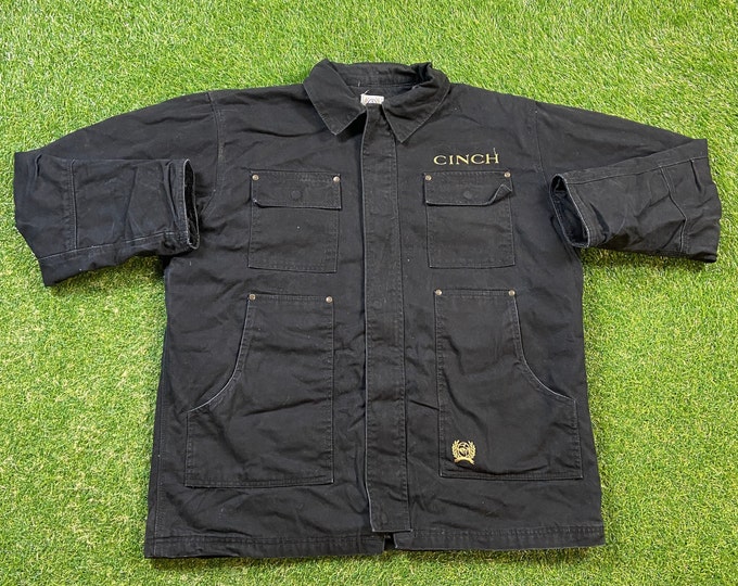 Vintage Cinch Denim Button Up Jacket Size Large L Designer Clothing 1990s 90s Rare Quality Fit Black Jean Jacket Work wear Outdoors Warm