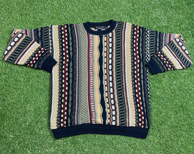 Vintage Multicolor Knitted Crewneck Sweater Size Large L Quality Warm Winter Fashion 1990s 90s Pull Over Oversized