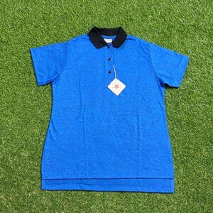 May include: A blue polo shirt with a black collar and three buttons. The shirt has short sleeves and a tag with a star design. The shirt is made of a textured fabric.