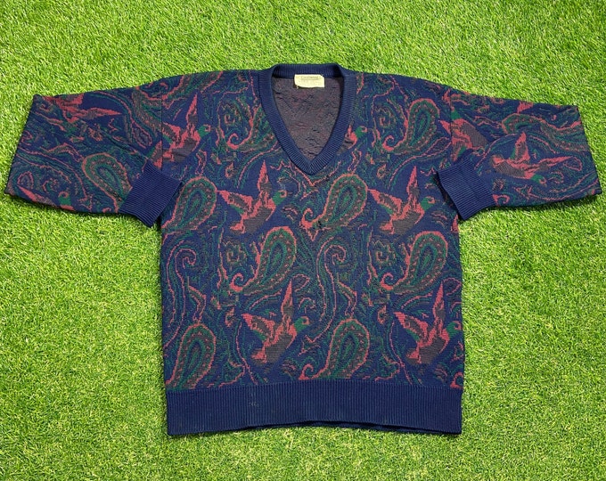 Vintage Blue Multicolor Knitted Crewneck Sweater Lord Jeff Made USA Size Large L Quality Cool Pattern Warm Winter Fashion Pull Over 1980s