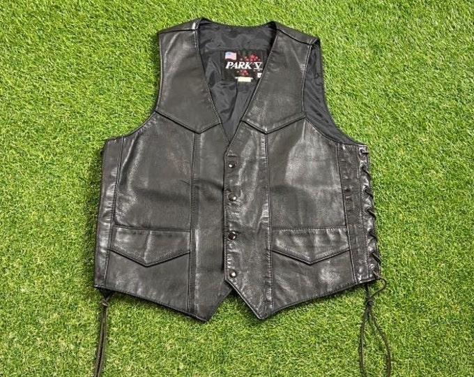 Vintage Black Leather Vest Jacket Park V Made USA Size Small S Genuine Leather American Apparel Cozy Very Warm Coat 1990s 90s