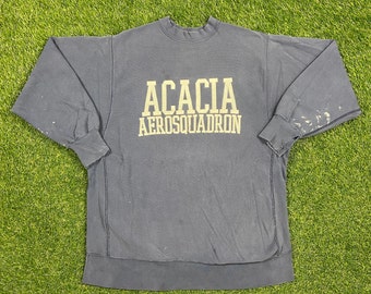 Sudadera vintage Acacia Aerosquadron de cuello redondo con medallón, fabricada en EE. UU., talla XXL (2XL), estilo deportivo, holgada, cómoda y cálida.