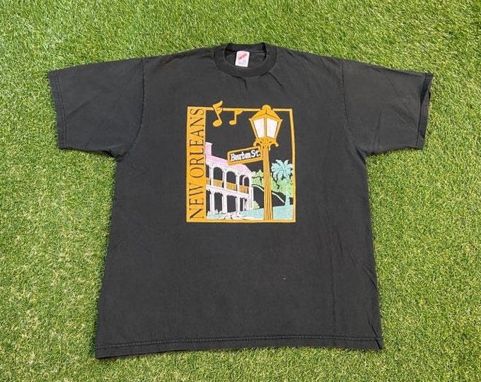 Vintage Bourbon Street New Orleans T Shirt Tee Jerzees Made USA Size Xtra Large XL Mardi Gras Jazz Big Easy Creole Louisiana 1990s 90s