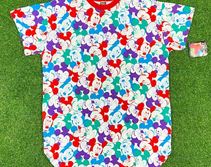 Vintage Disney Mickey Mouse All Over Print Tee T Shirt 1990s Walt Disney World OSFA Made USA New With Tags Classic 90s Magic