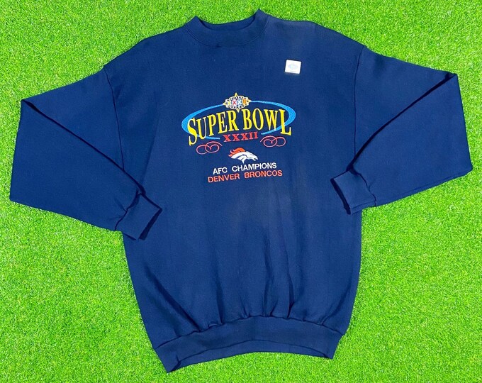 Vintage Denver Broncos Super Bowl XXXII Crewneck Sweater Logo 7 Large Made Usa 90s NFL Football 1990s AFC Champions New With Tags