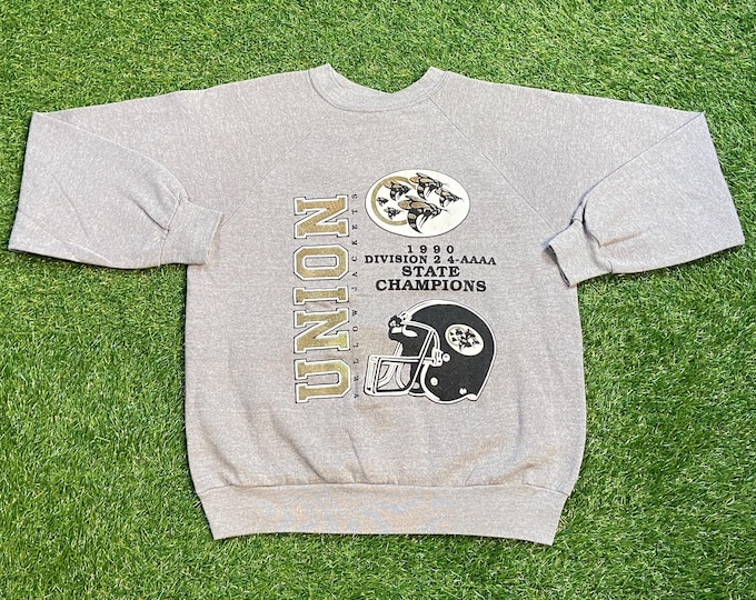 Vintage Union Yellow Jackets Crewneck Sweatshirt Made USA Size Medium M High School Football Mississippi State Champions 1990s 90s Pull Over