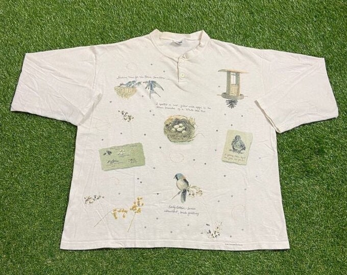 Vintage Birds Long Sleeve T Shirt Tee Made USA Size Large L Animals Habitat Nature All Over Print Art Cool 1990s 90s