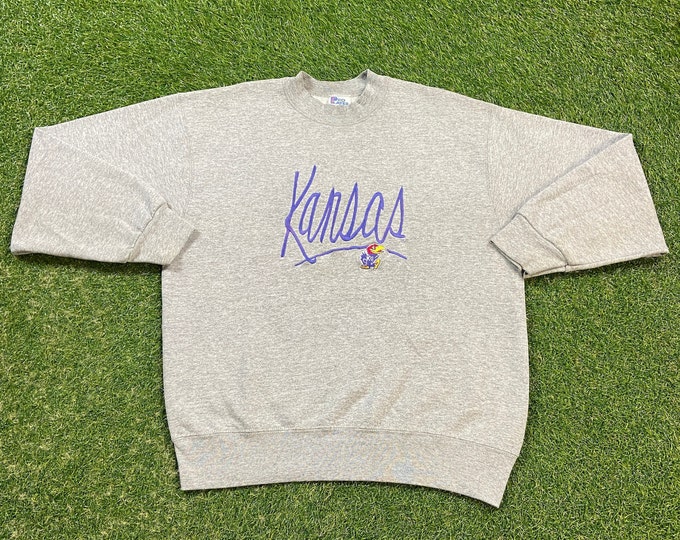 Vintage University of Kansas Jayhawks Crewneck Sweatshirt Made USA Size Large L NCAA College Basketball KU 1990s 90s Pull Over Oversized