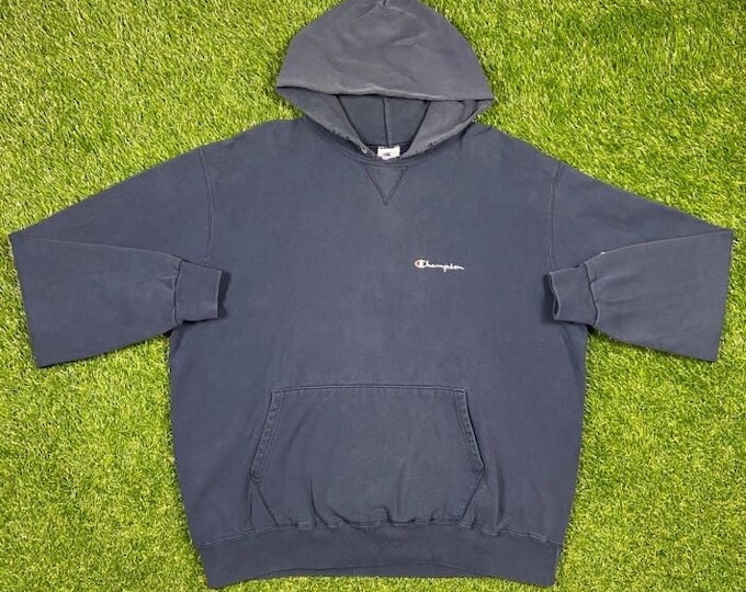 Vintage Plain Blue Champion Hoodie Sweatshirt Size XXL 2XL Made USA Quality 1990's Oversized Comfy Great Fit Original 90s Pull Over Classic