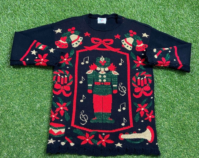 Ugly Christmas Crewneck Sweater Vintage Tacky Holiday Party Merry Santa Claus Classic Holidays Size Small Xmas Classic Knit Nutcracker 1980s