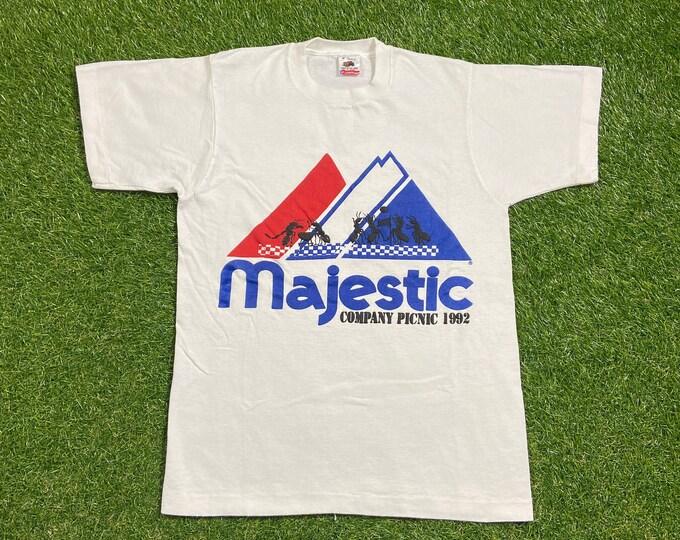 Vintage Majestic Company Picnic T Shirt Tee Made USA Size Medium M Classic Sportswear 1990s 90s All Over Employee