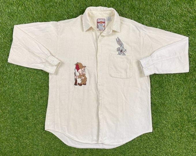 Vintage Looney Tunes Button Down Size Large L Warner Bros Bugs Bunny Elmer Fudd Classic Cartoon TV Show