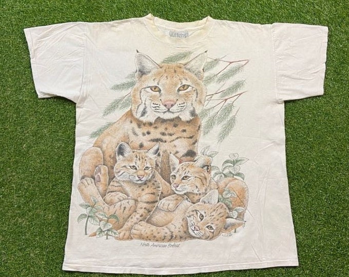 Vintage Bobcats T Shirt Tee Kittens Made USA Size XXL 2XL Wild Cats Jungle Animal Safari King Nature Animals 1990s 90s