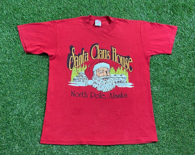 Vintage Santa Claus House T Shirt Tee Made USA Size Large L North Pole Alaska Northern Lights Christmas XMAS 1990s 90s