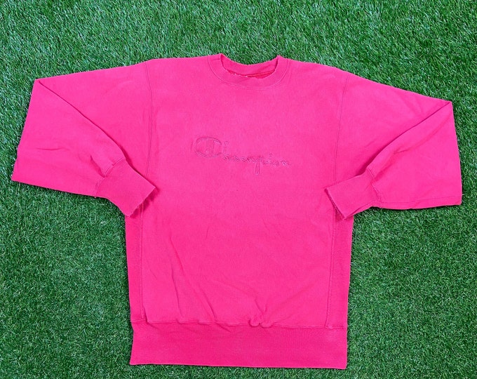 Vintage Hot Pink Champion Reverse Weave Crewneck Sweatshirt Large L Quality 1990's Oversized Great Fit Made USA Original 90s Pull Over