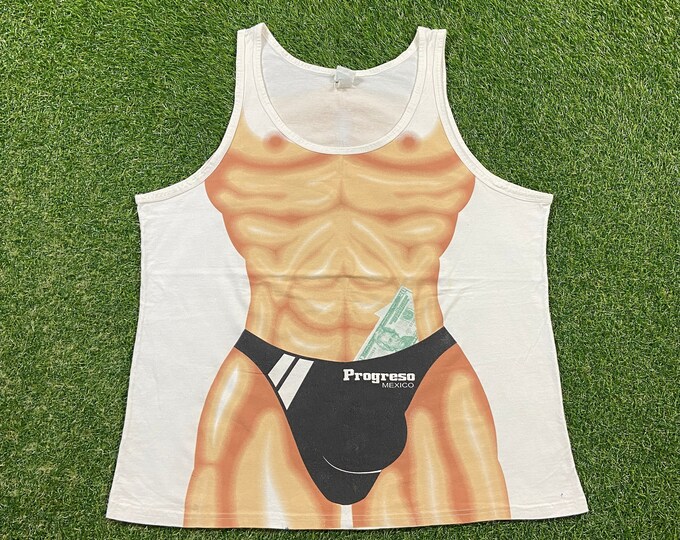 Vintage Body Builder Body Tank Top Shirt La Iguana Size Large L Progreso Mexico Funny Comical T Shirt Comedy 1990s 90s