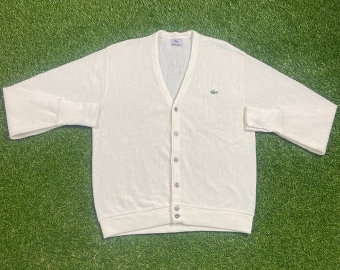 Vintage Lacoste Izod Cardigan Sweater Size Xtra Large XL White 1980s 80s Crocodile Designer Paris Streetwear Comfy Button Down Blue Croc