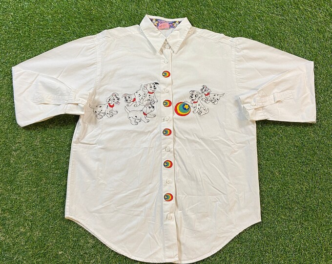 Vintage 101 Dalmatians Button Down Shirt Size Medium M Walt Disney 1996 Animated Movie Mickey Mouse Cruella 1990s 90s