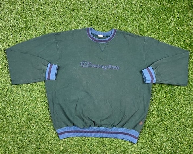 Vintage Green Champion Crewneck Sweatshirt Size XXL 2XL Quality 1990's Oversized Great Fit Original 90s Pull Over Tri Color Collar