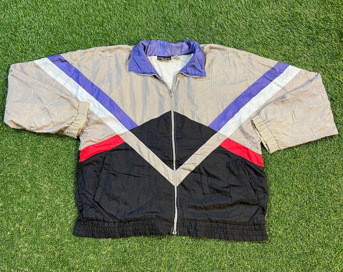 Vintage Graphic Windbreaker Zip Up Jacket Akita Wear Size Large L Multicolor Streetwear Sport Active Wear Classic Light Rain Coat 1990s
