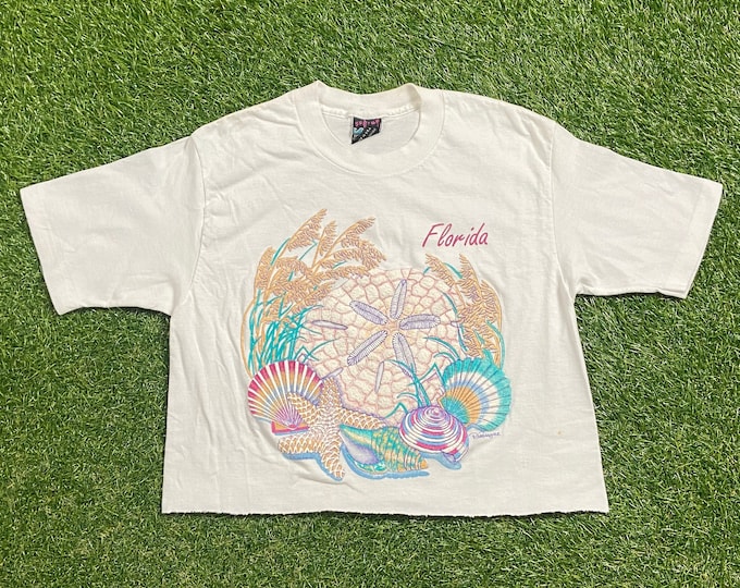Vintage Florida Crop Top Shirt Tee Made USA Size Medium M Orlando Miami FL Sunshine State Tropical Beach 1990s 90s