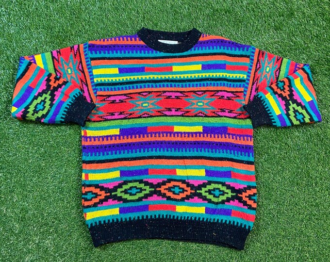 Vintage Michelle Stuart Multicolor Knitted Crewneck Sweater Size Large L Quality Cool Pattern Warm Winter Fashion Pull Over Oversized 1990s