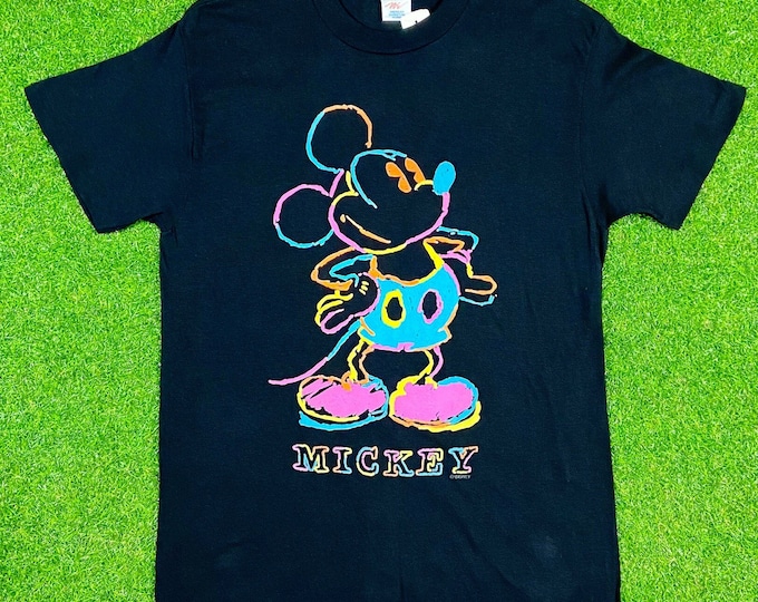 Vintage Disney Mickey Tee T Shirt Large Made USA 1980s Walt Disney World Neon Puff Print Steamboat Willie New With Tags Nwt 80s Pie Eyed
