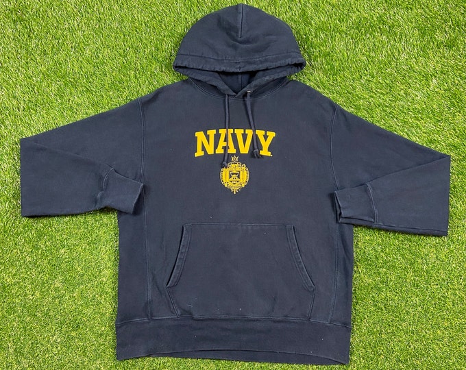 Vintage United States Navy Hoodie Sweatshirt Champion Reverse Weave Large L Marines Army United States Military Veteran 1990s 90s