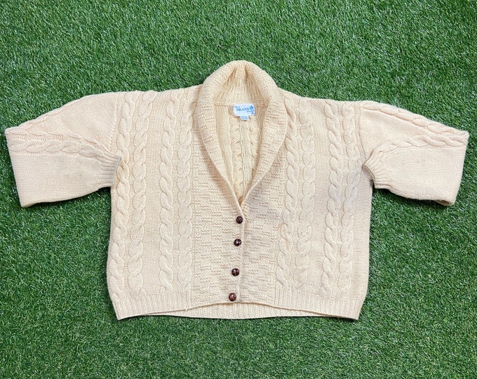 Vintage Beige Knit Cardigan Sweater Deans of Scotland Size Medium M Classic Button Down Sweater Cozy Very Warm 1980s 80s