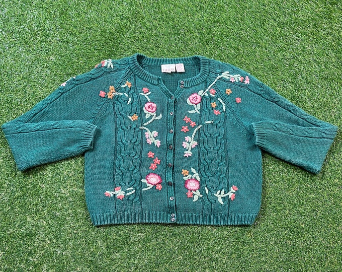 Vintage Floral Knit Cardigan Sweater Tarazzia Size Medium M Flowers Gardening Love Bees Caterpillars Nature Plants 1980s 80s