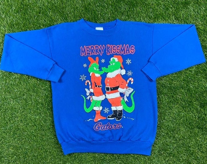 Vintage Gators University of Florida Merry Kissmass Crewneck Sweatshirt Tultex Made USA Size Large Swamp UF Orange Blue Alligator Christmas