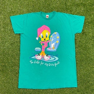 Vintage Tweety Bird T Shirt Tee OSFA Large Looney Tunes Warner Bros Cartoon Bugs Bunny Taz 1990s 90 Moomoo Oversized Sleep Shirt Space Jam