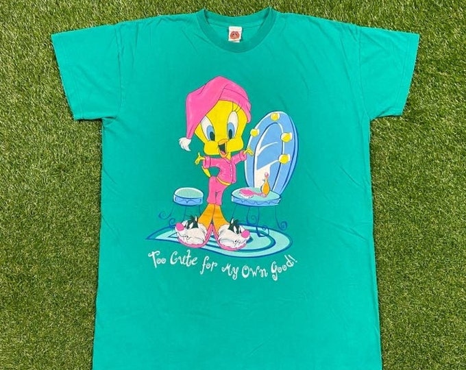 Vintage Tweety Bird T Shirt Tee OSFA Large Looney Tunes Warner Bros Cartoon Bugs Bunny Taz 1990s 90 Moomoo Oversized Sleep Shirt Space Jam