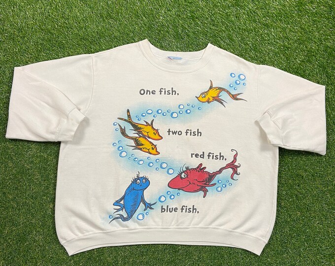 Vintage One Fish Two Fish Red Fish Blue Fish Crewneck Sweatshirt XXL 2XL Dr Seuss Horton Hears Who Classic Childrens Cartoon 90s Cat Hat