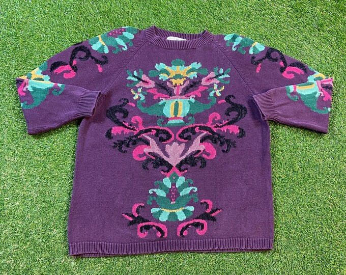 Vintage Purple Artsy Knit Crewneck Sweater Size Youth 18/20 Quality 80s 1980s Fit Abstract Art Colorful All Over Color Block Warm Sweatshirt