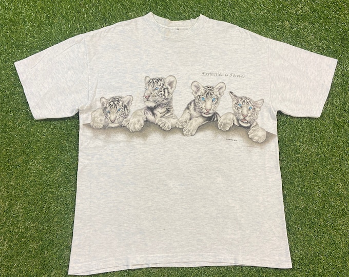 Vintage White Tigers Extinction is Forever T Shirt Tee Made USA Size Xtra Large XL Felis Tigris Habitat Animals Jungle Safari 1990s 90s