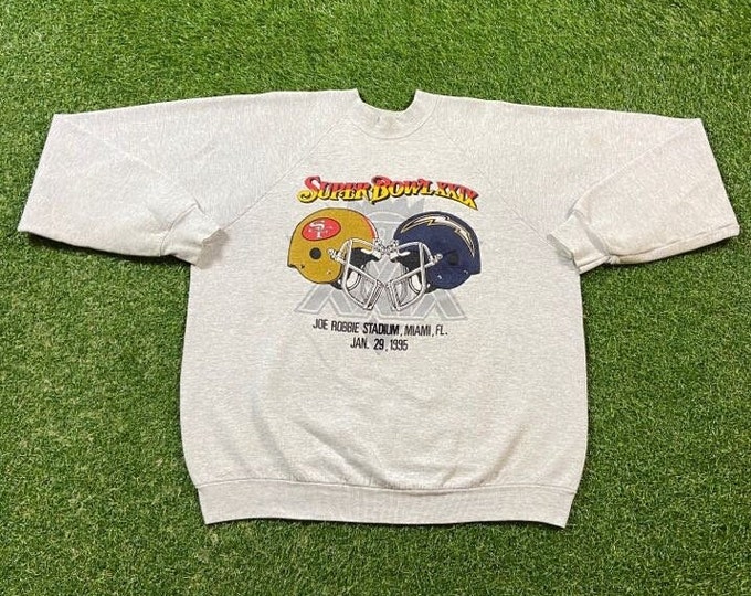 Vintage San Francisco 49ers vs Sand Diego Chargers Super Bowl XXlX 1995 Crewneck Sweatshirt Made USA Size Xtra Large XL NFL Football 1990s