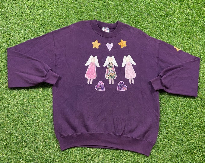 Vintage Angels Crewneck Sweatshirt Jerzees Made USA Size Xtra Large XL Art Graphic Pull Over Oversized Comfy Warm 1990s 90s