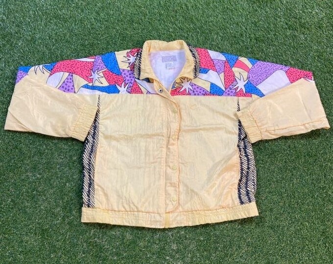 Vintage Graphic Windbreaker Zip Up Jacket Court Casuals Size Large L Multicolor Streetwear Sport Active Wear Classic Light Rain Coat 1990s