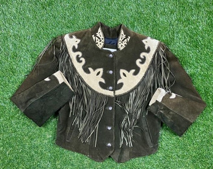 Vintage Handmade Brown Western Style Fringe Jacket Made USA Size 14 Fits Like Small S Genuine Leather