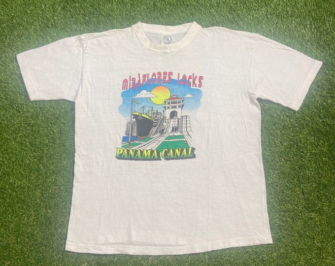 Vintage Panama Canal T Shirt Tee Size Xtra Large XL San Blas Islands Archipelago Mira Flores Locks Tourist South America VTG 1990s 90s