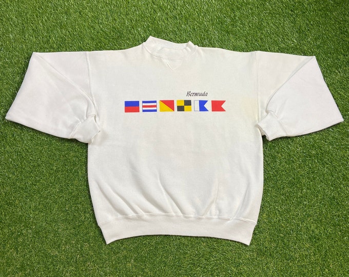 Vintage Bermuda Crewneck Sweatshirt Hanes Made USA Size Large L North Atlantic Ocean Beautiful British Island Beach VTG 90s All Over Print