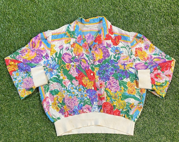 Vintage Anastasia Flower Silk Button Down Shirt Made USA Size Small S Bees Caterpillars Butterflies Flowers Nature Plants 1990s 90s