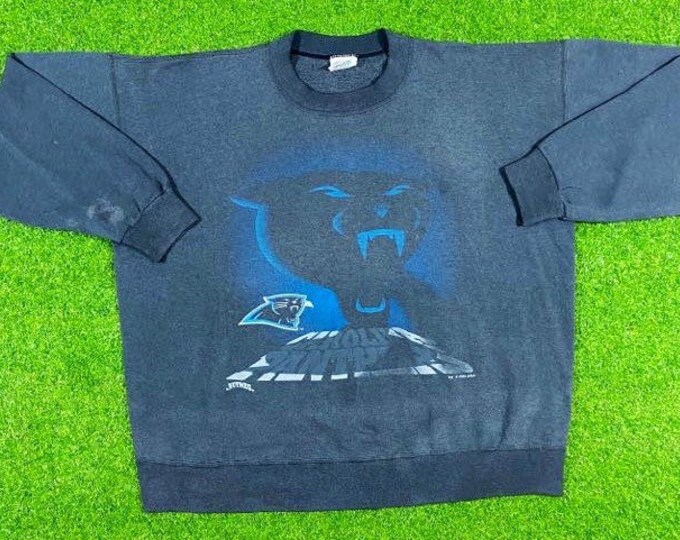 Vintage Carolina Panthers Crewneck Sweater Nutmeg Mills Size Xtra Large Made USA Warm 1990s 90s NFL Football Comfy Oversized XL 3D Shadow
