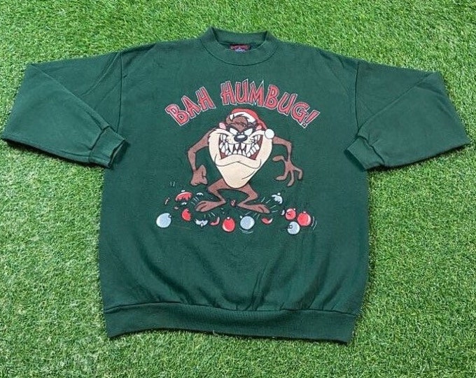 Vintage Taz Christmas Crewneck Sweatshirt Made USA Size Large L Merry XMAS Santa Claus Warner Bros Looney Tunes Classic Cartoon 1990s 90s