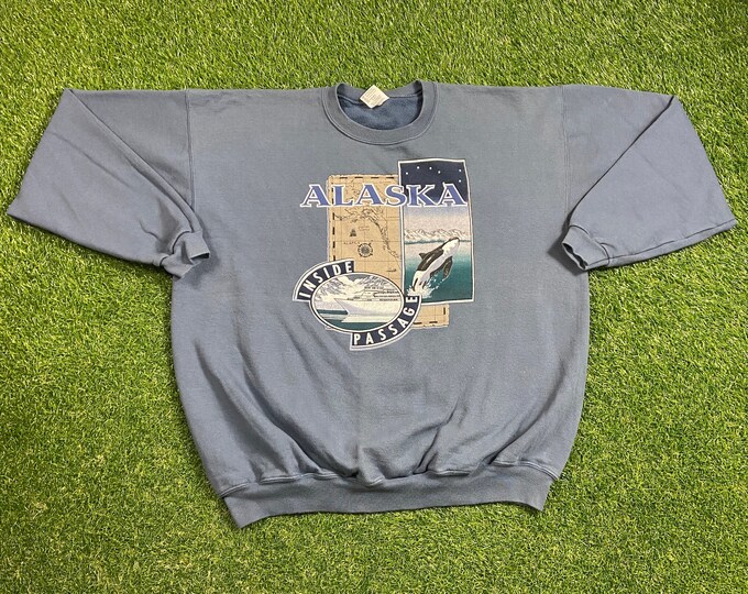 Vintage Alaska Crewneck Sweatshirt Made USA Size XXL 2XL Northern Lights 1990s 90s Pull Over Oversized