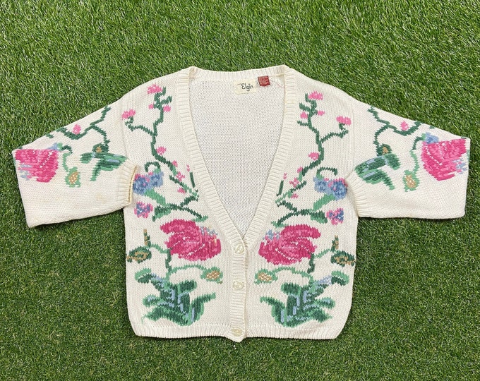 Vintage Elgin Flower White Cardigan Sweater Size Small S 1990s 90s Comfy Button Down Warm Ladies Quality