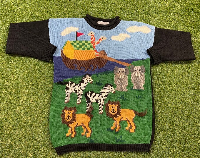 Vintage Animal Knit Crewneck Sweater Karen Scott Size Large L Lion Zebra Elephant Giraffe Safari Planet Earth Animals 1990s 90s Handknit